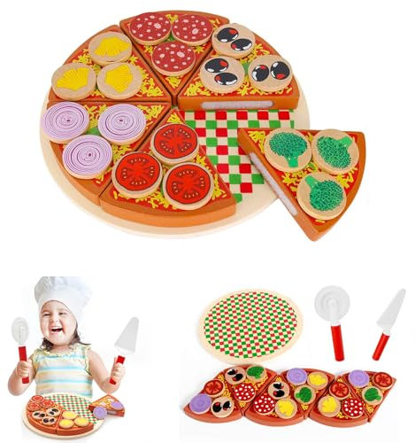 Pizza Set Holz, Simulations-Pizza-Lernspielzeug aus Holz, Kinderküche Zubehör Pizza Set Holz, Spielküche Zubehör Holz, Pizza Kinderküche Zubehör, Kreative Geschenke für Kinder, Geburtstagsgeschenke