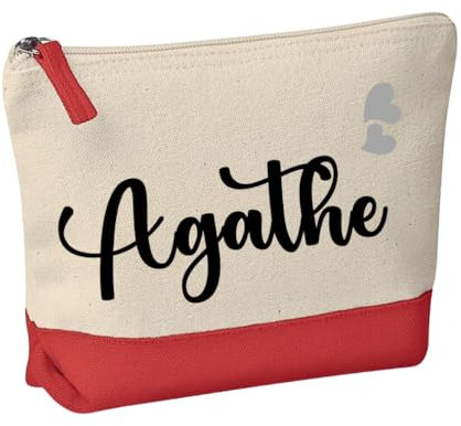 Pochette de Maquillage, Trousse de Toilette avec prénom personnalisée 5 Coloris 20x15x5cm, Cadeau, noël, Femme, Mariage, baptême, Anniversaire, Atelier français (Nature/Rouge)