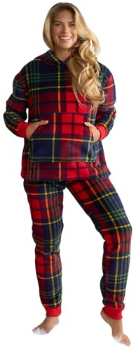 OHS Fleece Pyjamas Women Men, for Women Long Sleeve Hooded Top Oxford Tartan Check Christmas Pyjamas Two Piece Super Soft Warm Winter Loungewear, Navy/Red - Small