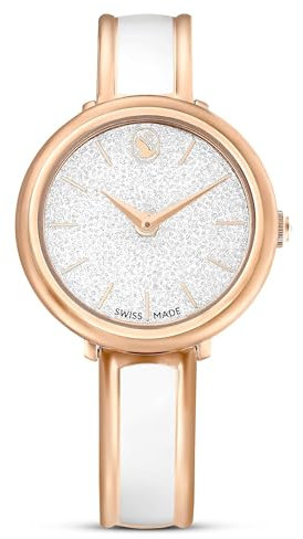 Swarovski Crystalline Bangle Watch, Swiss-Made & Water-Resistant Wristwatch in a Rose Gold-Tone Finish with White Enamel Metal Bracelet Strap, Part of The Crystalline Collection