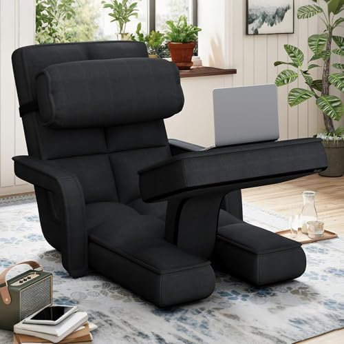 UNIONLINE Floor Chair Adjustable, Folding Lazy Sofa Bed with Armrests, Single Chair Bed for Bedroom Home Office,Gaming Lounge Recliner with Pillow & Footrest, Black