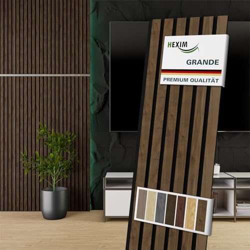 HEXIM Akustikpaneele 6 Stück 140x30cm Holz Grande - Wandpaneele Platten Lamellen Holzpaneele Echtholzfurnier 21mm Filz Schalldämmung MDF Braun (2,52m² Light Walnut)