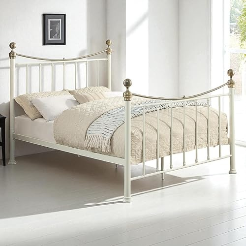 OAT Home Hampstead Victorian Metal Bed Frame in Black or White - Polished Brass Effect Details Single/Small/Double/King Size (White, Double)