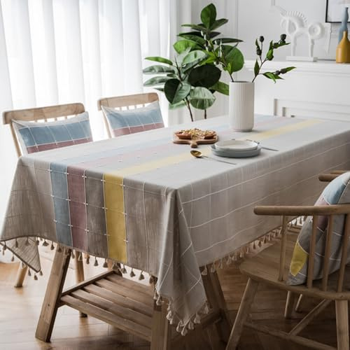 Grewod Party Tischdecke, 120x160 cm, Bunt, Rechteckig, Polyester Kariert mit Quasten Tischtuch Tischwäsche