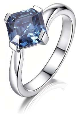Hoisy 9K Weißgold Ring Weißgold Damen mit Edelstein 375 Trauringe Frau 58 Ring Blau Grauer Moissanit Asscher Quadratisch