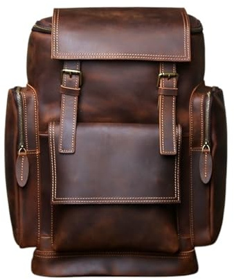 Schulranzen Klassischer Retro-Rucksack aus echtem Leder for Herren, multifunktional, große Kapazität, Crazy Horse-Leder, Outdoor-Reise-Computertasche(Coffee)