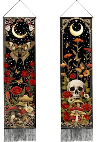 PRESSINART 2 Stück 2 Designs Wandteppich Gothic Vertikal Lang 33 x 130 cm, Wandtuch Skelett Motte Mond Totenkopf Pilz Blumen Polyester Waschbar mit Quasten Wandbehang für Schlafzimmer Wohnzimmer Deko