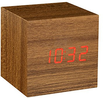 Gingko Cube LED Click Clock Wecker mit Sound Aktivierung (Uhrzeit, Datum & Temperatur), Teak/rote LED
