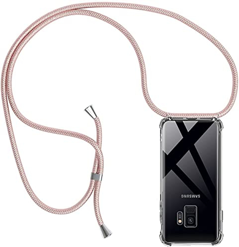 Casecool Handykette für Samsung Galaxy S9 Hülle mit Band, Handyhülle mit Kette Handy Necklace Hülle Kordel zum Umhängen Schutzhülle Transparent Weich TPU Silikon Bumper, Rosé Gold