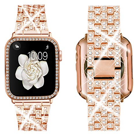 SUPOIX Compatible with Apple Watch Band 40mm + Case, Women Jewelry Bling Diamond Rhinestone Replacement Metal Strap &Soft TPU Protector Case for iWatch Series 6/5/4/se(Rose gold)