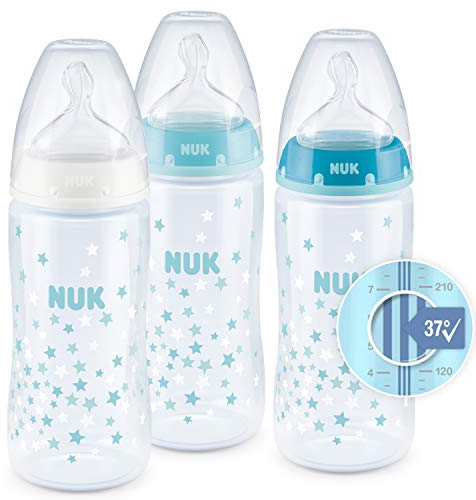 NUK First Choice Babyflaschen Set 3 Flaschen mit Temperature Control Anzeige Anti-Kolic Silikon-Trinksauger BPA-frei, blau, 300ml/ 0-6 Monate