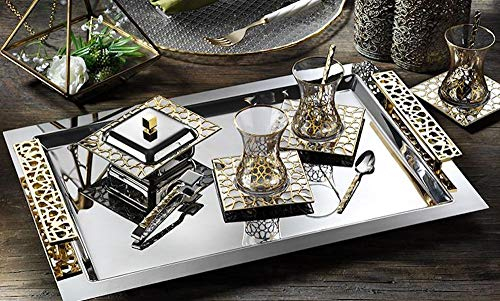 DEMMEX Set of 12 Luxury Turkish Tea Set with Glasses Saucers Spoons Sugar Bowl Lid Tongs and Tray, 40 Pieces (Gold)