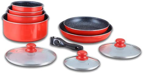 Batterie de cuisine - lot de casserole induction - set casserole et poele tous feux - set de cuisine en revêtement pierre avec manche amovible 10 pieces HG-5000 ROUGE