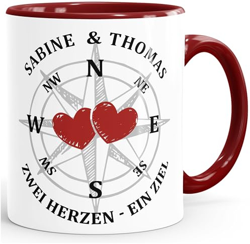 SpecialMe® personalisierte Kaffee-Tasse Kompass zwei Herzen ein Ziel mit Namen Liebes-Geschenk Freundin Mann Inner-bordeaux Keramik-Tasse