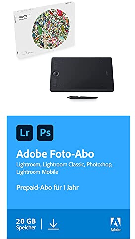 Wacom Intuos Pro Stifttablett Größe M, Grafiktablett + Adobe Creative Cloud Foto-ABO mit 20GB: Photoshop und Lightroom | 1 Jahreslizenz | PC/Mac Online Code & Download
