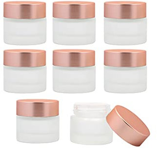 Lot de 8 mini bocaux vides en verre dépoli avec doublure intérieure et couvercles or rose pour crème, lotions, gommages, baume à lèvres (10 g)