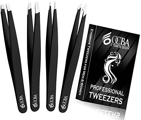 OCBA 4 pezzi Pinzette per sopracciglia professionali Pinzette per sopracciglia con punta in acciaio inossidabile per la rimozione di punti neri Pinzette a punta e angolate (4 P Nero)