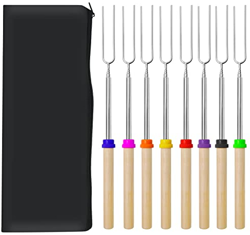 Barbecue Forks-8 Pack Marshmallow Roasting Sticks Extendable Stainless Steel 32 Inch U Shape Hot Dog Fork with Wooden Handle Grilling Skewers for Fire Pit and BBQ Campfire Party