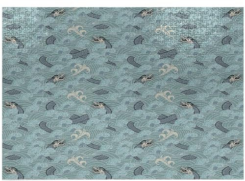 ABAKUHAUS Japanese Wave Jigsaw Puzzle, Style Pattern Dragon and Sea Waves Fantasy Ocean Monster Print, Heirloom-Quality Fun Activity for Family Durable Cardboard, 1000 pcs, White Teal and Grey