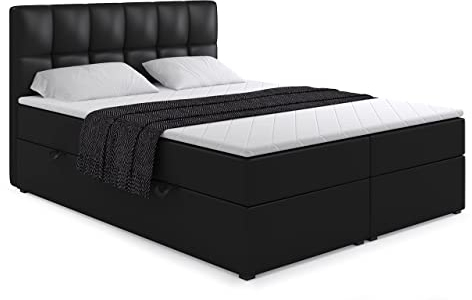 ALTDECOR Boxspringbett mit Multipocket-Matratze H4 (21 cm hoch) mit + PUR + Kokosmatte, Topper (4 cm hoch), Polsterbett mit Kopfteil und Bettkasten - RICAR - 160x200 - Schwarz Kunstleder
