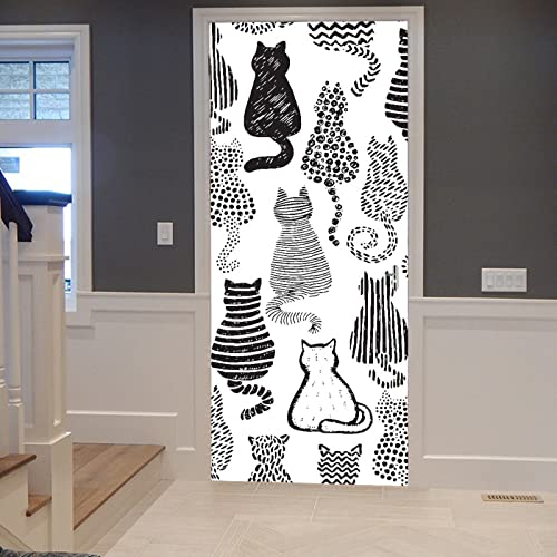 A.Monamour Türtapete Selbstklebend Türfolie Türposter 3D Handzeichnung Von Katzen Im Schwarz Weiß Tierthema Im Doodle Stil Vinyl Folie Türdeko Tapete Wandbild Türaufkleber Türtattoo 90x200cm