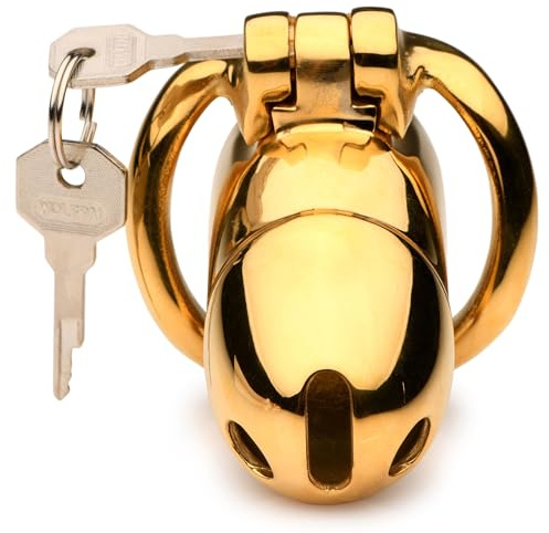 MASTER SERIES Midas 18K Gold-Plated Locking Chastity Cage for Men, and Couples. Gold Plated Cage with Two Graduated Rings & 2 Keys, Perfect for Chastity Play. 5 Piece Set, Gold.