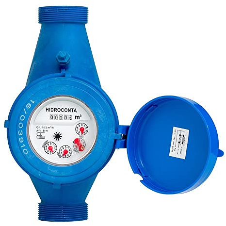 Contador de Agua 20mm de Chorro múltiple Nylon. Contador de Agua para riego, de dominio público hidráulico con aprobación CE. Rosca Entrada y Salida 3/4 Macho. Racores incluidos