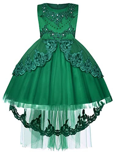 BUNNY LULU Filles Robe inclinée épaule Demoiselle d’honneur Mariage Princesse Arc des Enfants Bal d’Anniversaire soirée Spectacle Lavande al Ginocchio（Verde ，7-8 Anni）