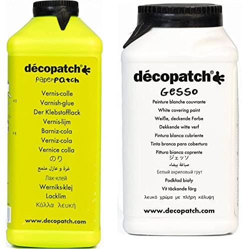Décopatch PP600AO - Un pot de Vernis colle PaperPatch 600 ml & Décopatch GE300AO - Un flacon Gesso 300g, peinture acrylique blanche
