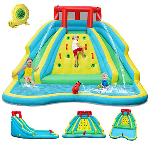 GOPLUS Castillo Hinchable para Niños, Hinchable Grande con Ventilador con Zona de Salto de Pared de Escalada y Tobogán para Fiesta del Agua de Verano, Adecuado de 3 a 10 Años, 452 x 366 x 229 cm