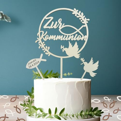 Decoración para tarta de comunión – 3 piezas Cake Topper + 48 piezas de madera Peces Decoración de mesa decoración de tarta decoración de tarta Set para primera comunión niño niña