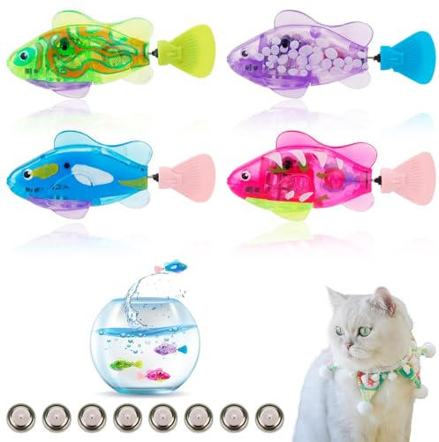 BOXOB 4pcs Robot Water Swim Fish Cat Toy, Funny Glitter Robot Swimming Fish Toys for Cat with Button Battery Led Light Fish Toy Interactive Fish Cat Toy for Indoor Cat Toys
