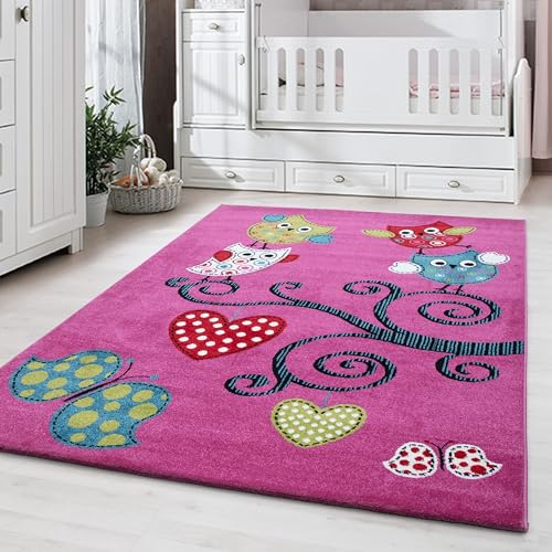 Carpettex Kinderteppich Eule-Design Violett 140 x 200 cm - Kurzflor Teppich Kinderzimmer für Mädchen und Jungen Pflegeleicht Weich - Waschbarer Spielteppich Babyteppich Gaming Teppich Babyzimmer