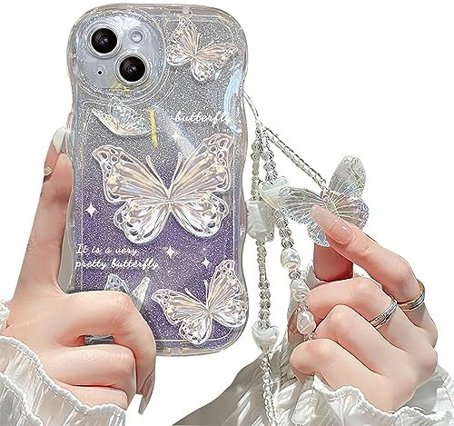 Cutecasee Compatible with iPhone 12 Mini Case for Women/Girls, Cute Butterfly Glitter Bling with Bracelets Anti-Scratch Shockproof Case for iPhone 12 Mini, Purple with Bracelets