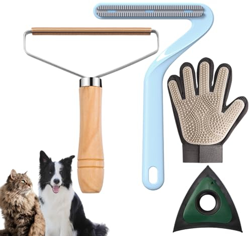 Duuclume 4 Pcs Pet Hair Removal Tool with Grooming Glove,Efficient Triangle Dog Cat Hair Remover for Blind Spot, Reusable Eradicate Cleaning Remover Tool for Couch Laundry Car Carpet Clothes Furniture
