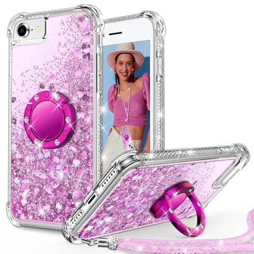 Unlicaku Coque pour iPhone SE 2022, iPhone SE 2020, iPhone 8, iPhone 7, avec anneau pour femmes et filles, coque de protection holographique à paillettes scintillantes, anneau en diamant, rose