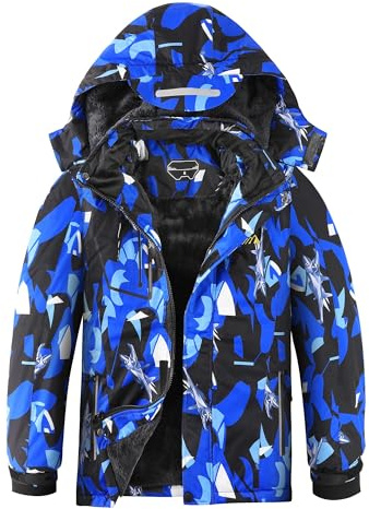 OHSNMAKSL Wasserdichte Skijacke für Jungen, warm, Winter, Schneemantel, Kinder, Fleece, Snowboardjacken, dicke Kapuze, winddichte Mäntel, Blueness/Fighter, 8-9
