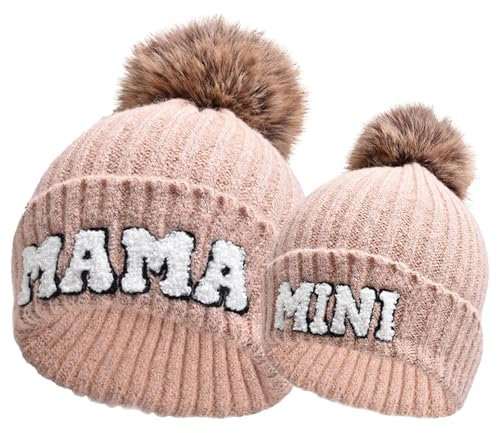 Kunyeah 2PCS Eltern-Kind Beanie Mütze Frauen Stickerei gestrickt Hut Mama und Baby Matching Hüte Winter Warm Cap mit Pom-Pom (DE/NL/SE/PL, Alphanumerisch, Einheitsgröße, Rosa)