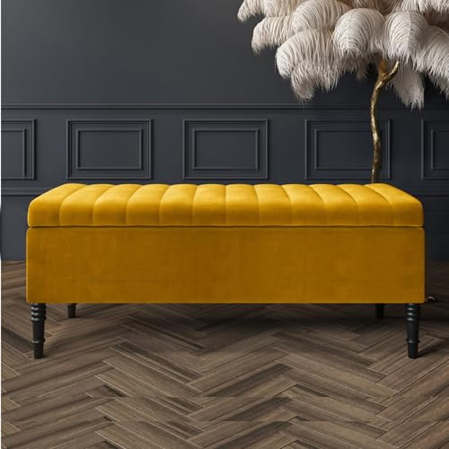 Safar Striped Ottoman Storage Bench, End of Bed Bench with Legs, Entryway Bench with Storage, Shoe Storage Ottoman Box, Rectangle Storage Footstool (Mustard Gold Velvet, 4ft (120x40x50)CM)