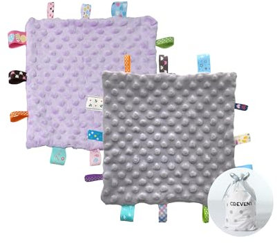 CREVENT Label-Schmusedecke für Babys, weiches, kleines Labeltuch für Jungen und Mädchen, sensorische Babydecke, tolles Geschenk für Geburtstag, Babyparty, 25,4 x 25,4 cm, Grau und Lila