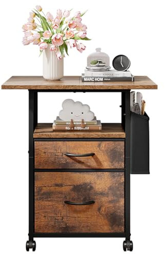 Wooruy Printer Stand with 2 Fabric Drawers Mobile File Cabinet,End Table On Wheel Slim Bedside Table with Side Bag,Nightstand Coffee Tables for Living Room,Bedroom,23.6x15x27.8inch(Rustic Brown)