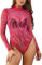 SEBOWEL Damen Durchsichtig Bodys Sexy Langarm Mesh Bodysuit Strass Bodys Elegant Overall Jumpsuit Top Rosenrot M