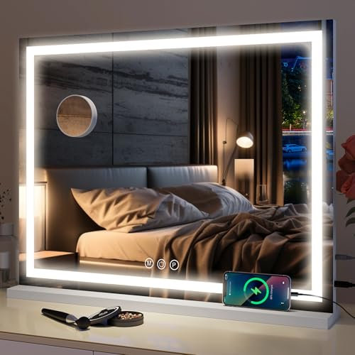 YU YUSING Hollywood Schminkspiegel mit Beleuchtung, 70x57cm Hollywood Spiegel Dimmbar mit 3 Farbtemperaturen, Groß Kosmetikspiegel Vanity Spiegel Tischspiegel mit Touch-Schalter USB 10X Vergrößerung