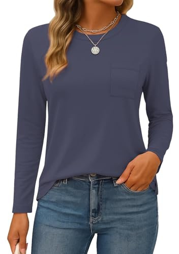 SMENG Ladies T Shirts Womens Long Sleeve Round Neck Basic Tee Shirts Pure Color Classic-Fit Tshirts Women UK Size 14-16 Navy