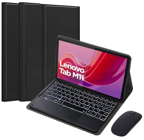 HEUCYL Custodia con Tastiera per Lenovo Tab M11 11 Pollici 2024 (TB330FU/TB330XU), Tastiera Touchpad Rimovibile Retroilluminata 7 Colori, Copertura Supporto Pelle PU Sottile con Mouse,Nero