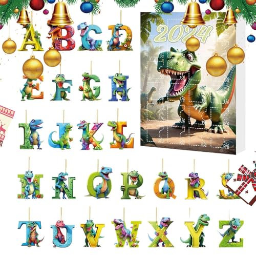 Dinosaurier Adventskalender 2024, Mit 26 Dinosaurier Buchstaben Flachem Acryl Anhänger, Weihnachts Alphabet Dinosaurier Spielzeug Adventskalender Für Kinder, Lustiger Alphabet Lernkalender für Kinder