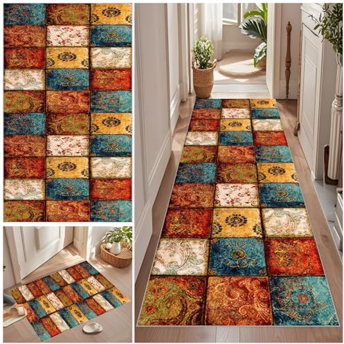 Teppich Läufer 90 x 120 cm Rutschfest Küchenteppich Teppichläufer Flur Vintage Küchenteppich Waschbar Rutschfest Fußmatte Lang Flur Teppich Meterware für Garten Küche Patio Flur Porch auf Maß