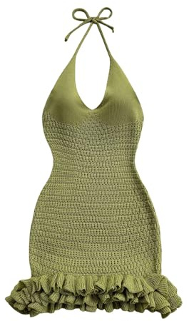 GORGLITTER Women's Crochet Halter Mini Dress Vacation Miami Beach Outfits