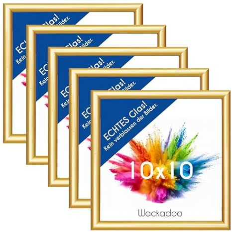Wackadoo Bilderrahmen 10x10 Gold 5er Set Fotowand Fotorahmen aus leichtem Kunststoff mit Glas Picture frame quadratisch klein Poster