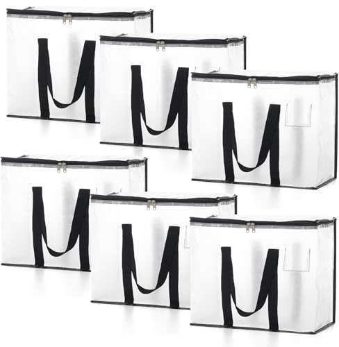 Honeier Clothes Bags Storage, 40L Clear Storage Bags with Zipper & Handle & Tag Pocket, Foldable Moving Bags for Wardrobe, Bedding, House Moving, Travelling (6 Pack, 46x23x38cm)
